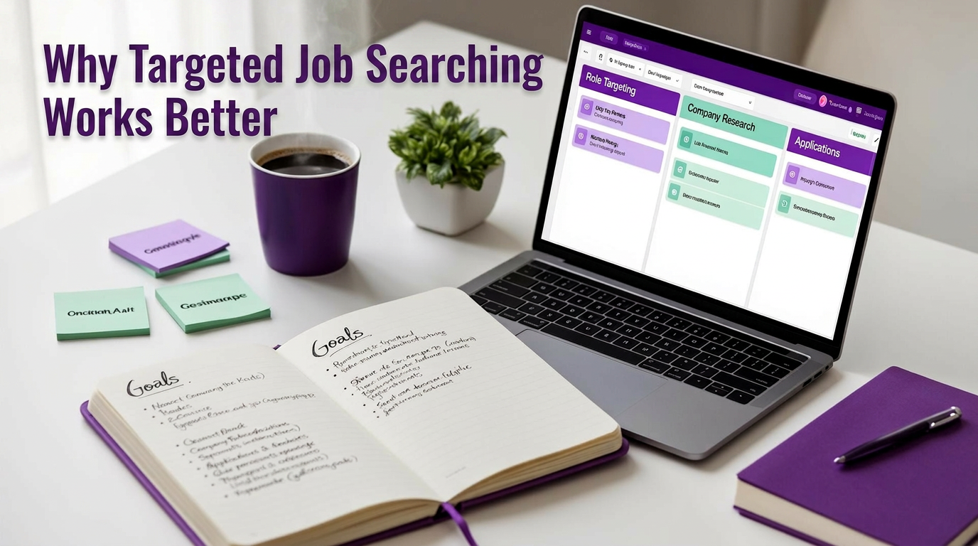 Professional using a targeted job search strategy with planning tools and a laptop